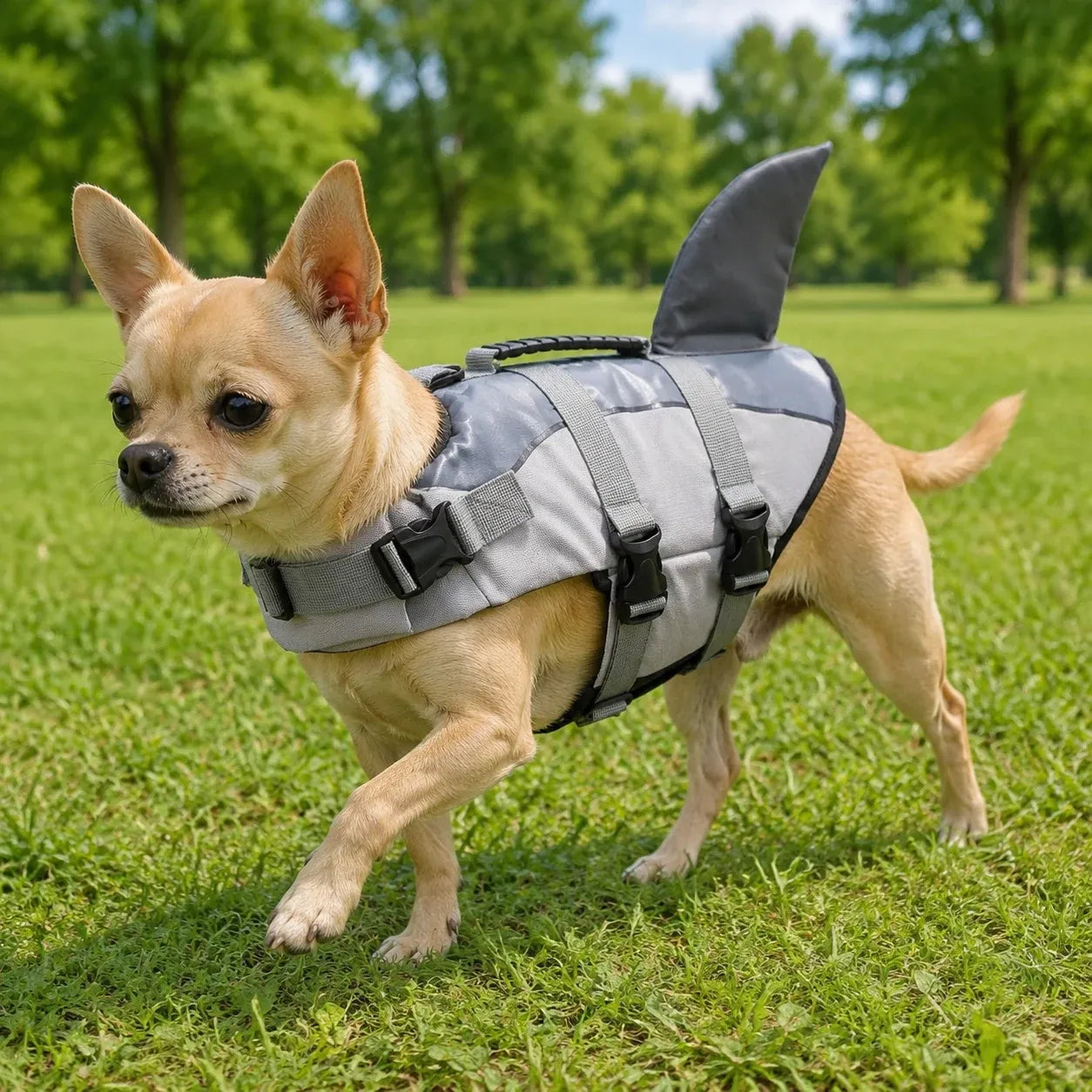 Tamecare shark dog life jacket - lifestyle view outdoors by the water