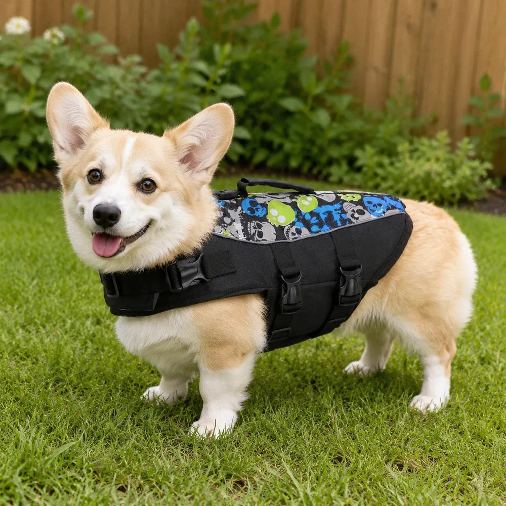 Black Skull Print Dog Life Jacket