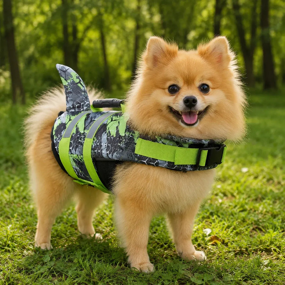 Green Camo Shark Fin Dog Life Jacket