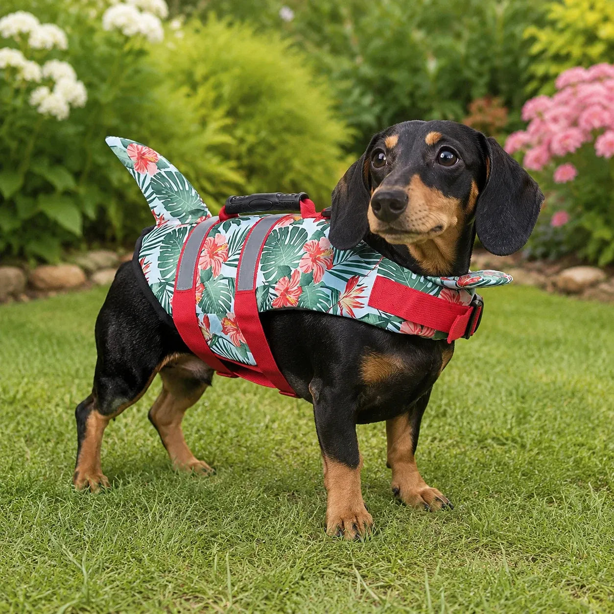Tamecare shark dog life jacket - three-quarter view near the lake