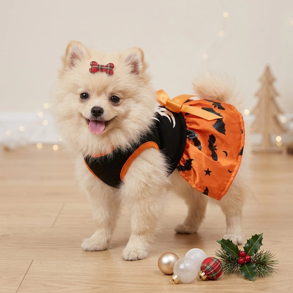Tamecare Orange Ghost and Bat Halloween Dog Dress