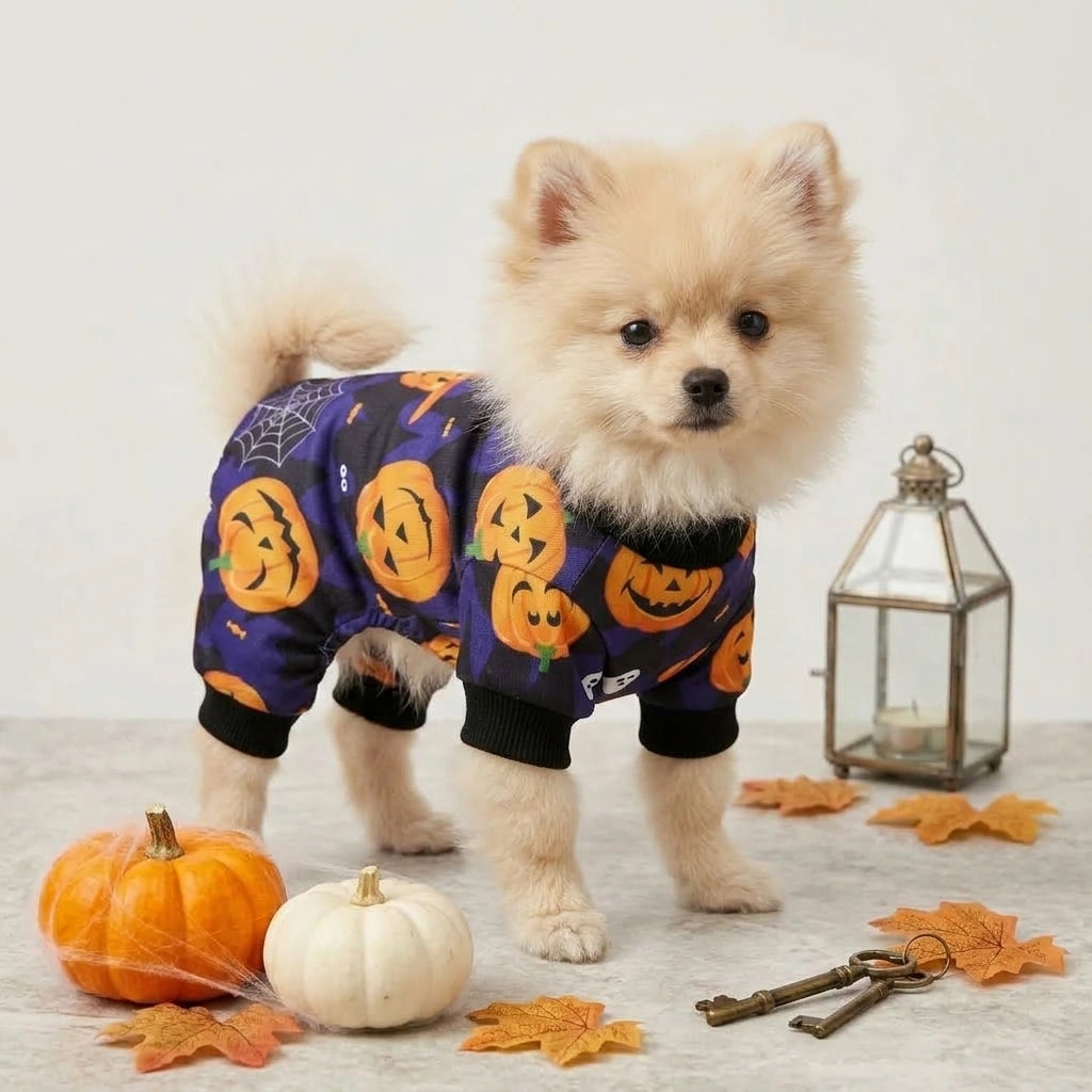 Tamecare Purple Bat and Pumpkin Halloween Dog Pajamas - lifestyle view