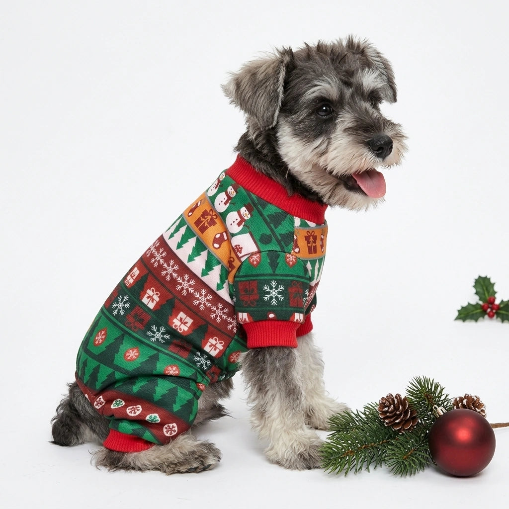 Tamecare Red and Green Snowflake Christmas Dog Pajamas - lifestyle view