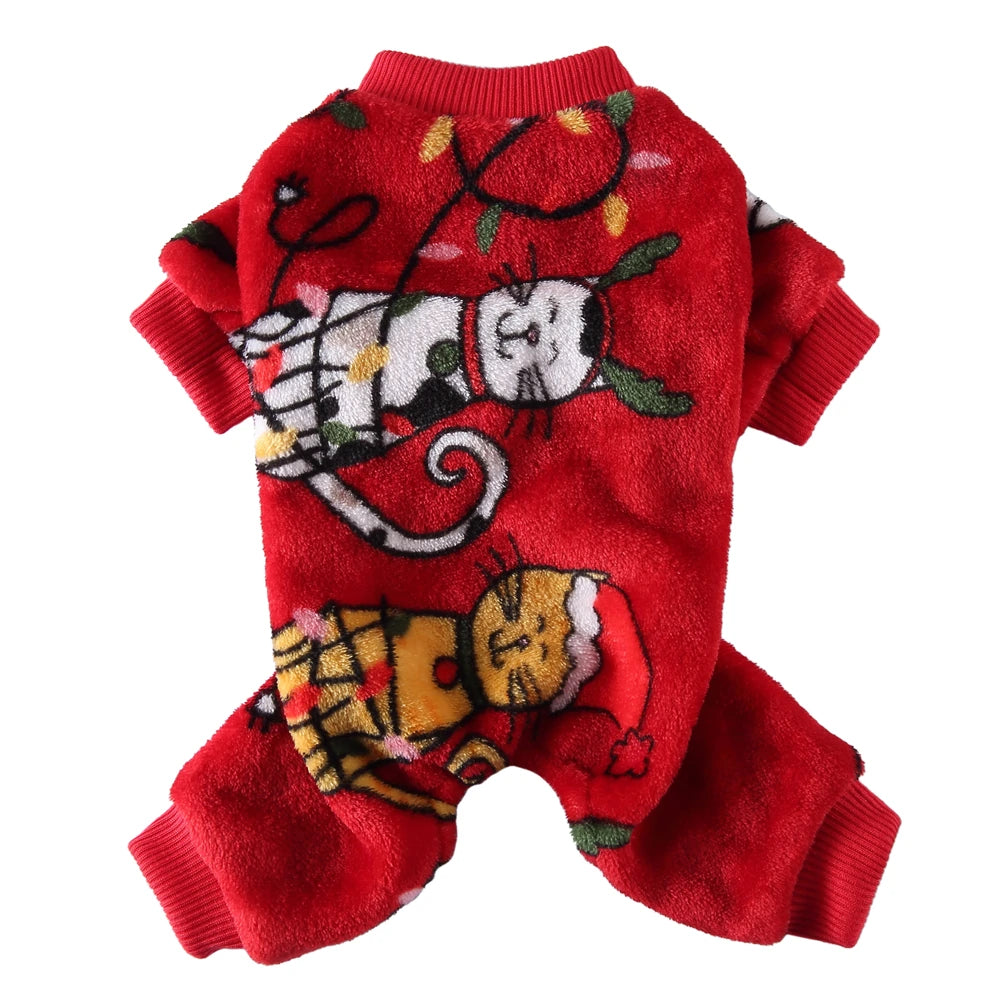 Tamecare Red Christmas Cat Print Pet Jumpsuit