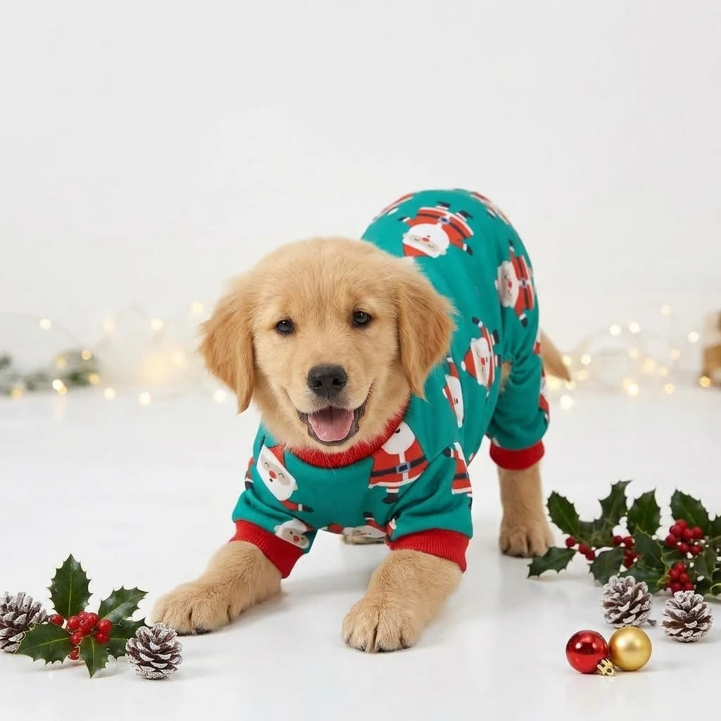 Tamecare Green Santa Print Dog Jumpsuit - lifestyle view 3