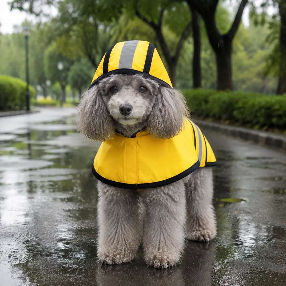 Yellow Reflective Hooded Dog Rain Cape with Leash Hole