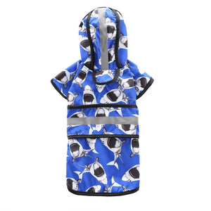 Blue Shark Print Reflective Hooded Dog Rain Cape