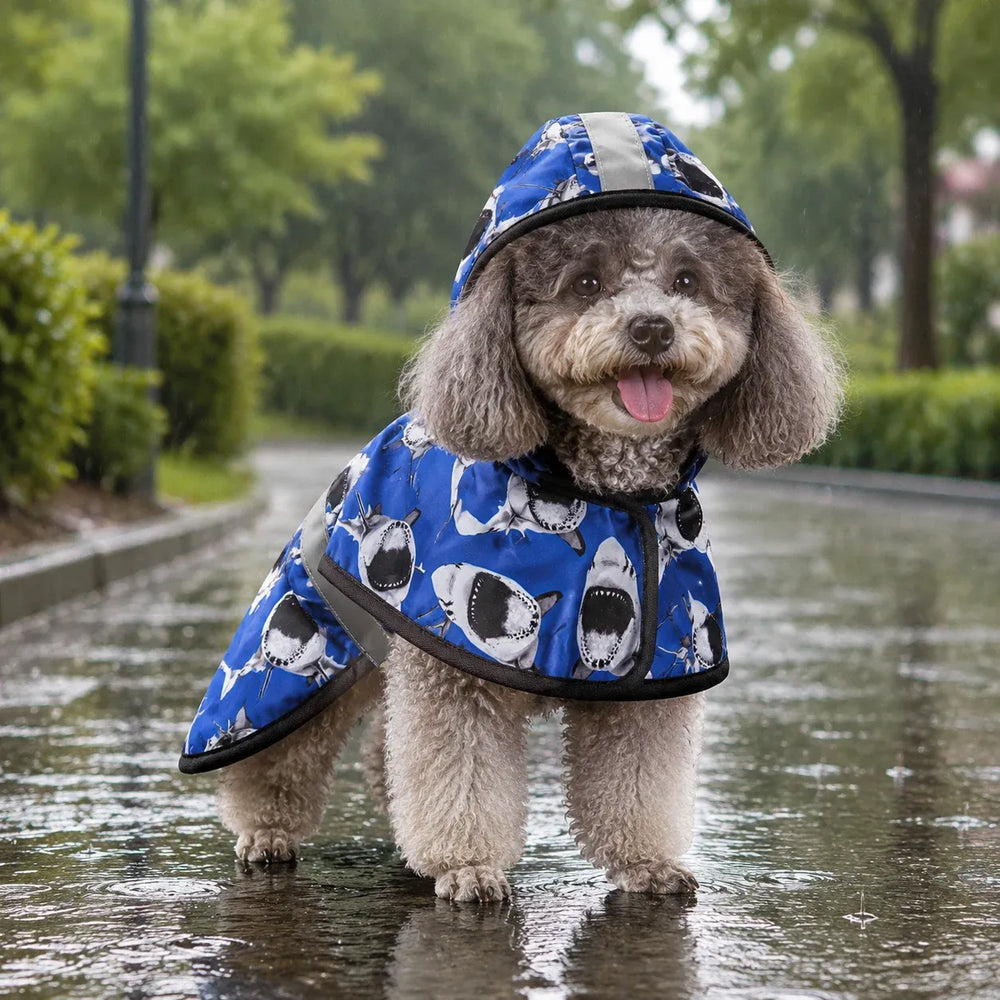 Blue Shark Print Reflective Hooded Dog Rain Cape