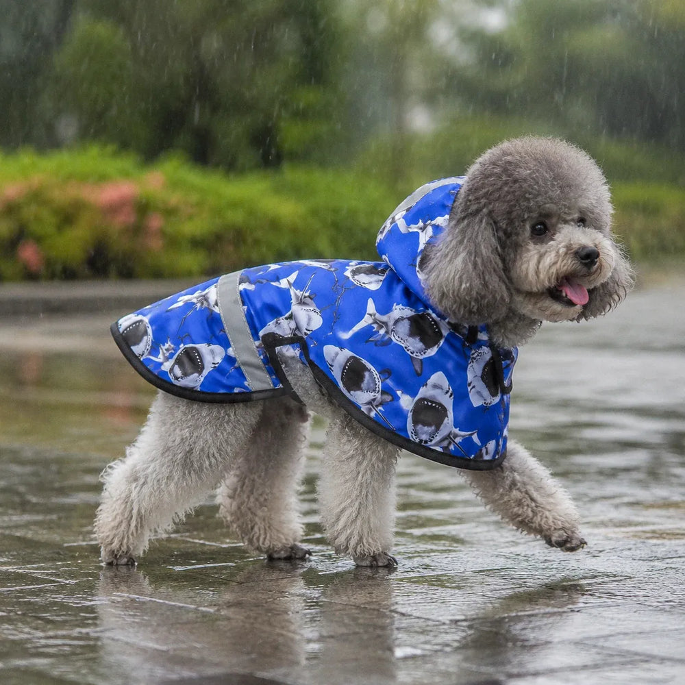 Blue Shark Print Reflective Hooded Dog Rain Cape