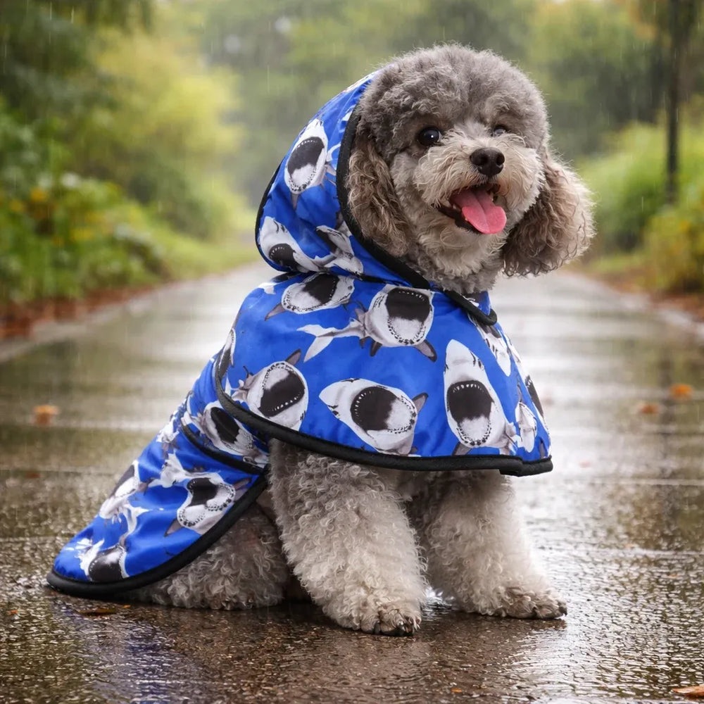 Blue Shark Print Reflective Hooded Dog Rain Cape