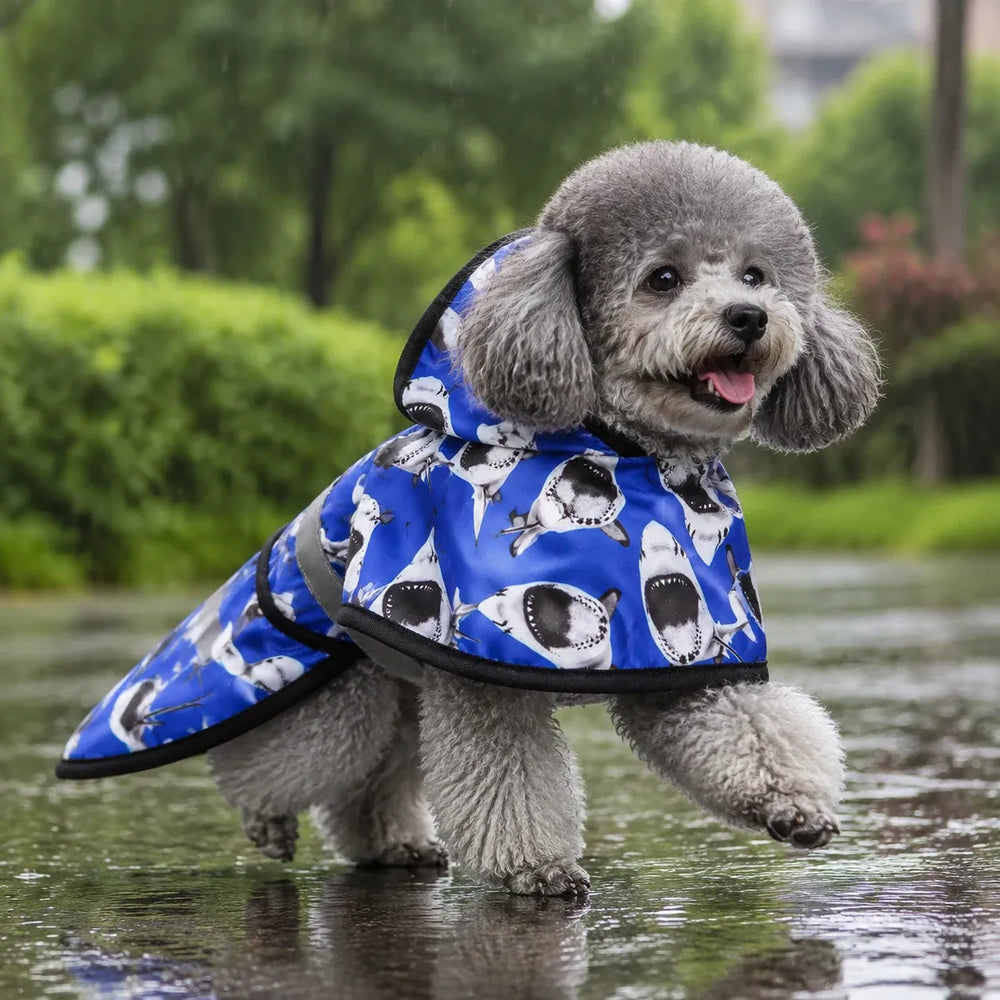Blue Shark Print Reflective Hooded Dog Rain Cape