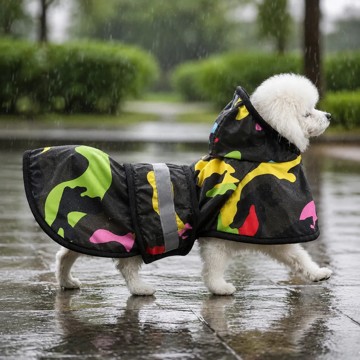 TameCare Color Camo Reflective Hooded Dog Rain Cape - three-quarter view