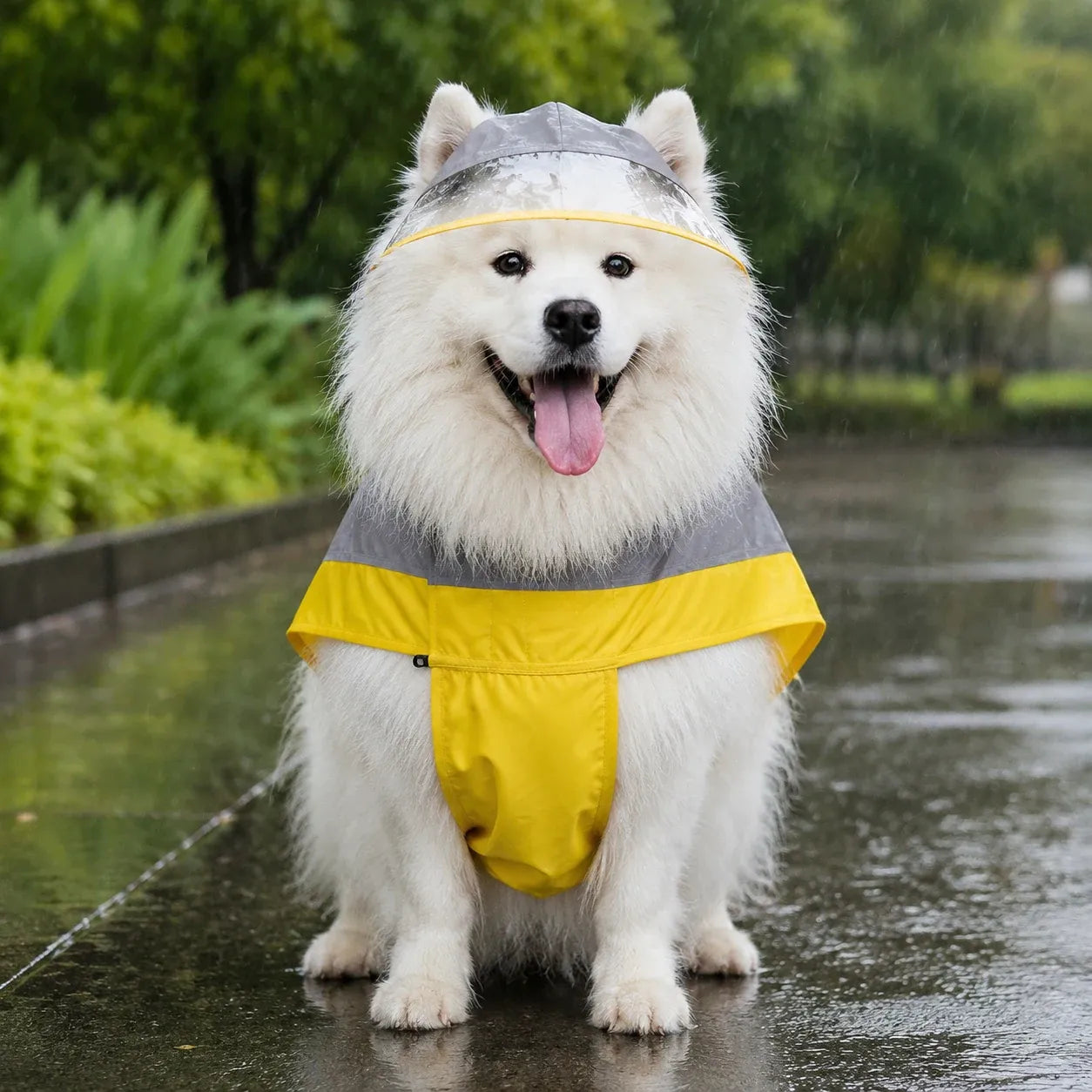 Large Dog Two-Tone Hooded Rain Cape with Clear Visor - Yellow Gray 2