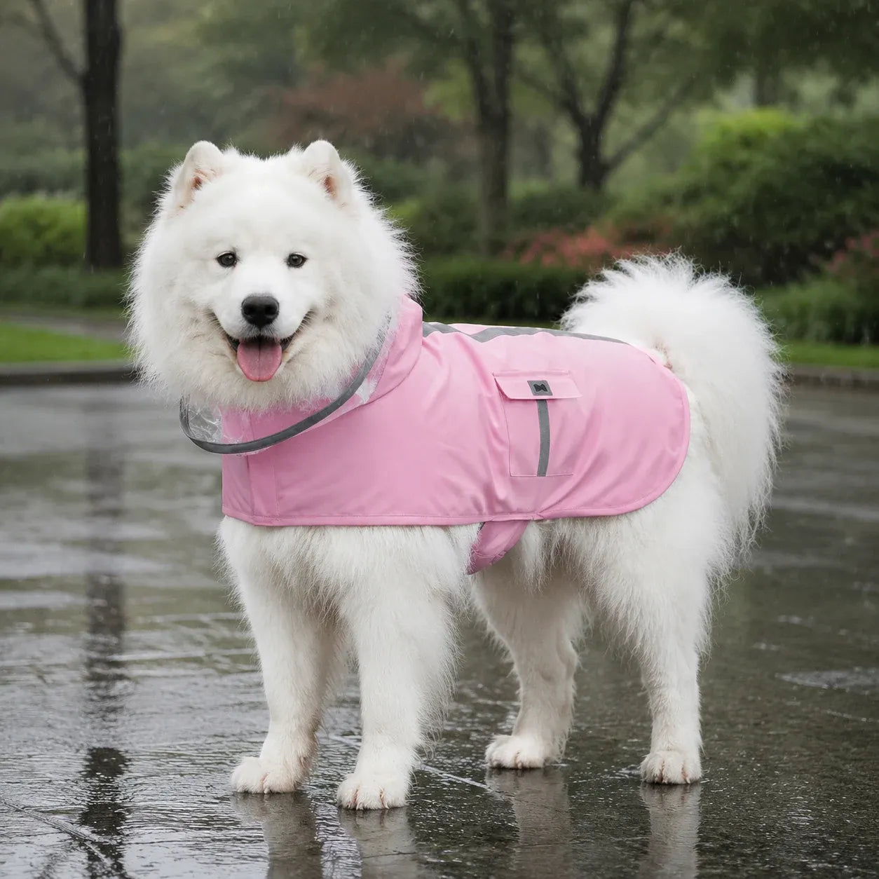 Large Dog Reflective Hooded Rain Cape with Clear Visor - Pink 2