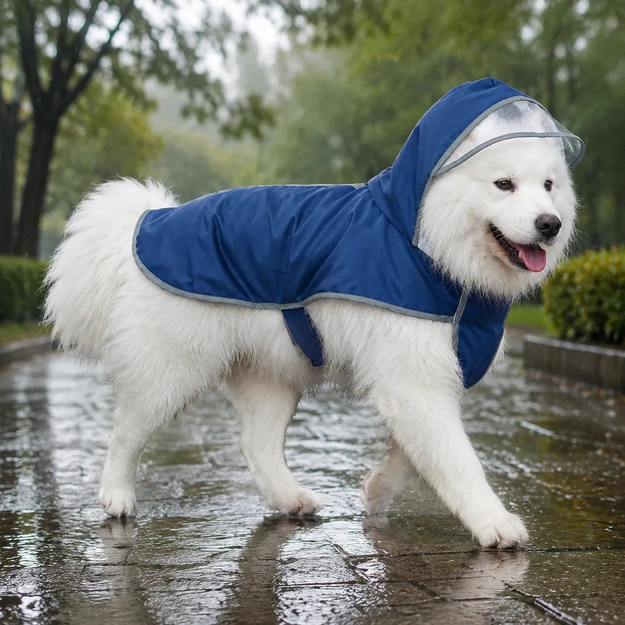 Large Dog Reflective Waterproof Rain Cape with Clear Visor - Navy Blue 12
