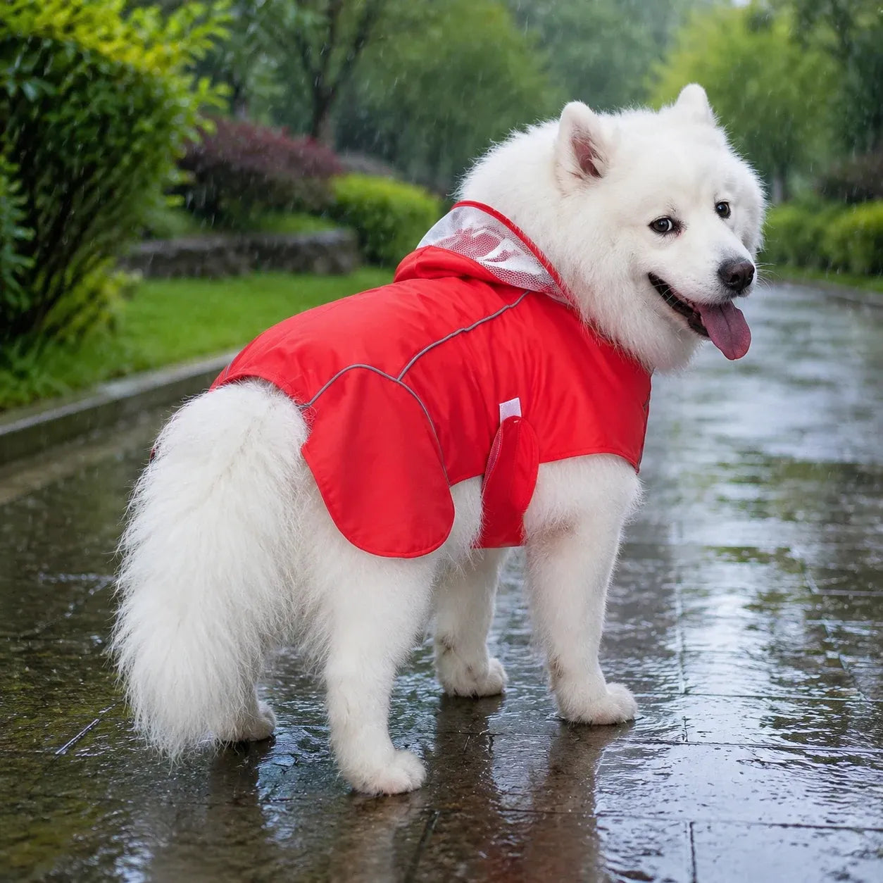 Large Dog Waterproof Hooded Rain Cape with Clear Visor - Red 11