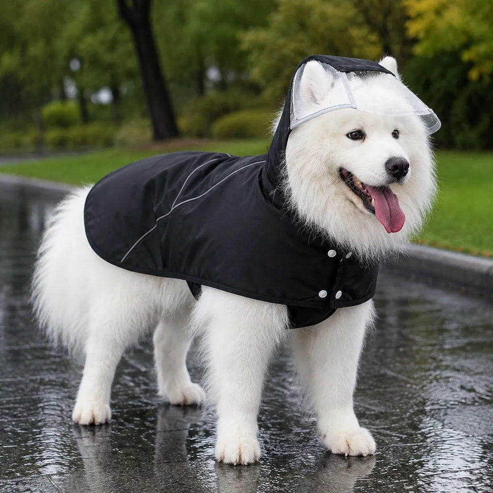 Large Dog Black Waterproof Rain Cape with Clear Visor